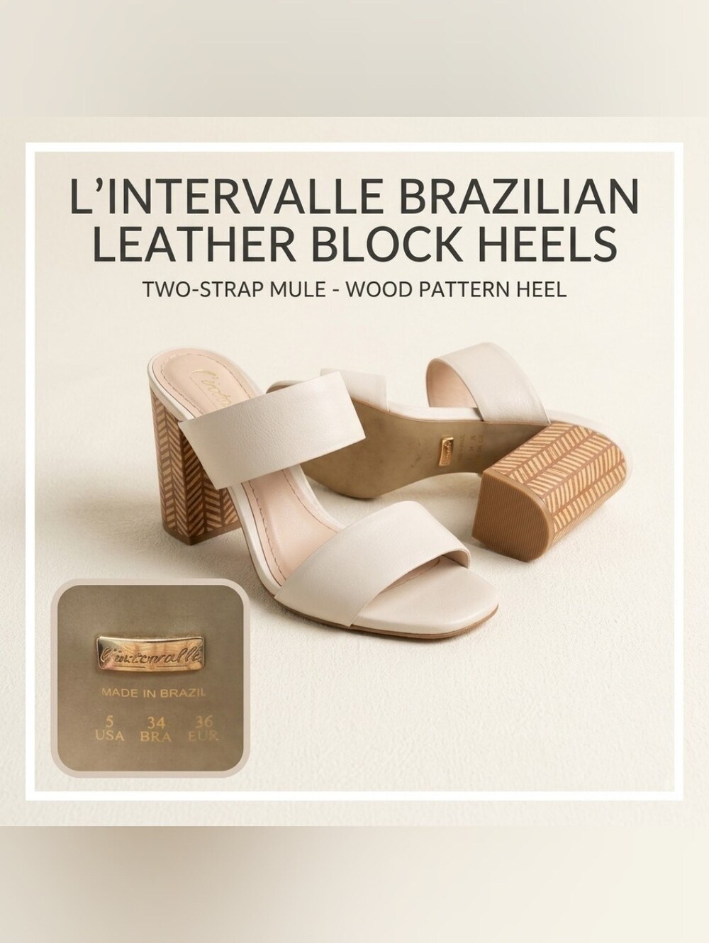 L'INTERVALLE Cream Leather Block Heel Sandals Mules - Size US 5 / EUR 36